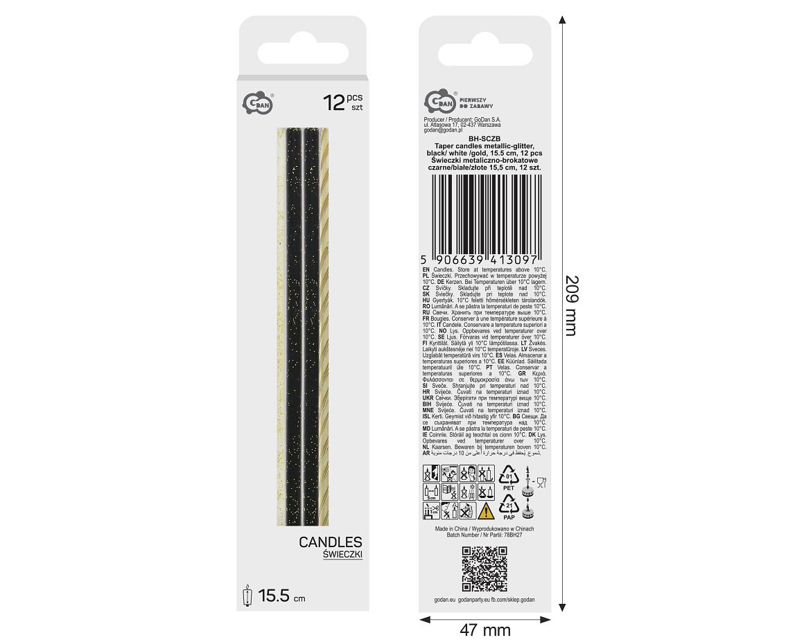Świeczki metaliczno-brokatowe czarne/białe/złote 15,5 cm, 12 szt.